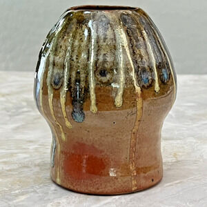 Studio Art Pottery Vase Brown Multicolor Drip Glaze Sculptural Form 5” Signed